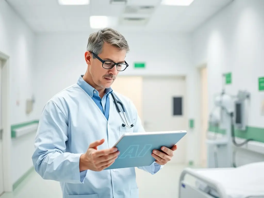 A healthcare professional using a tablet in a modern hospital.