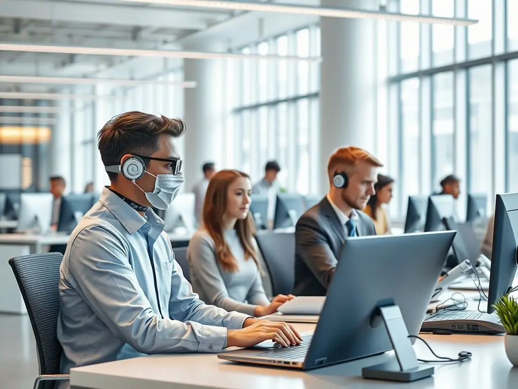 A futuristic office with AI-powered digital assistants interacting with employees.