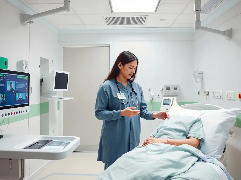 A modern hospital room with advanced AI technology.