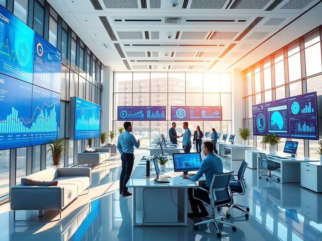 A futuristic office with digital screens displaying AI analytics.