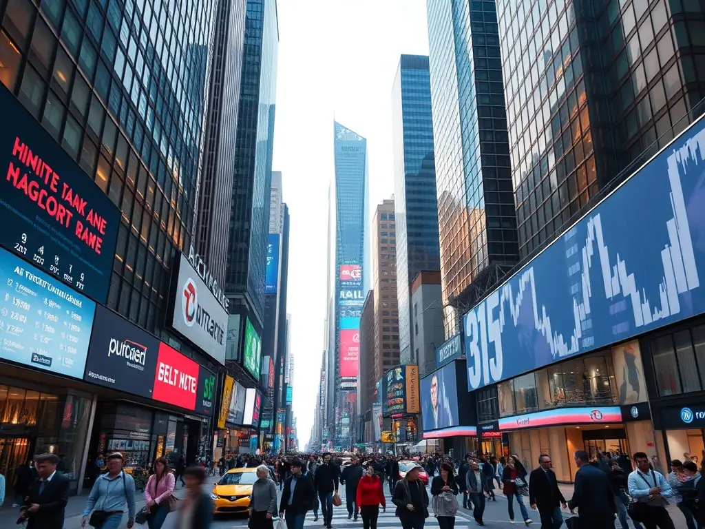 A bustling financial district with skyscrapers and digital billboards.