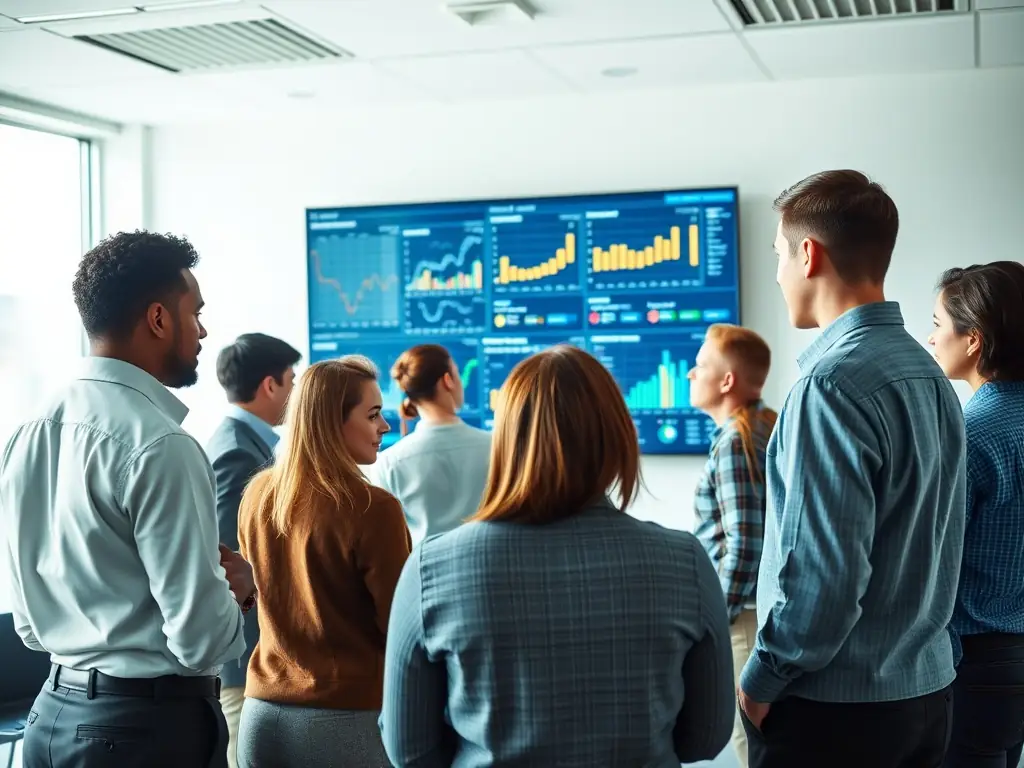 A diverse team analyzing data on digital screens in a conference room.